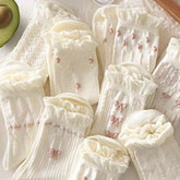 9 pairs of bow print and floral flower socks, cute sweet and versatile breathable ruffle socks, women's stockings and socks, suitable for autumn, winter and Christmas - KawaSocks
